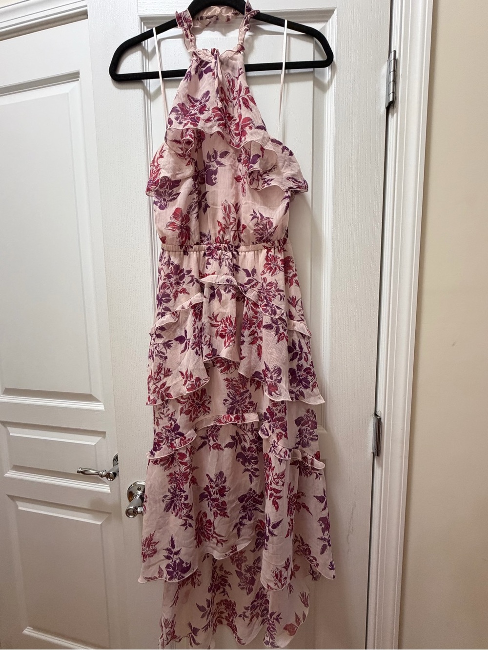 Express Blush Pink Floral Halter Maxi Dress with Plum Print